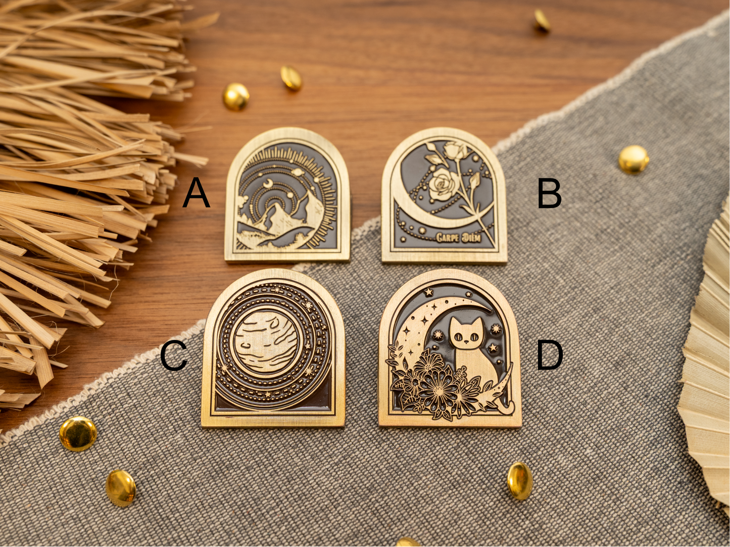 Vintage antique brass metal journal book clips in four designs - choices are A mountains, B Carpe Diem rose, C planet solar system, D cat over a moon