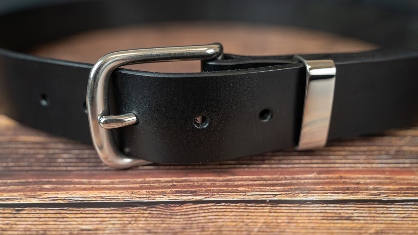Black Leather Belt - 38mm - Stainless Steel Buckle