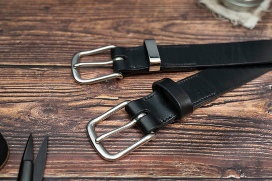 Black Leather Belt - 38mm - Stainless Steel Buckle