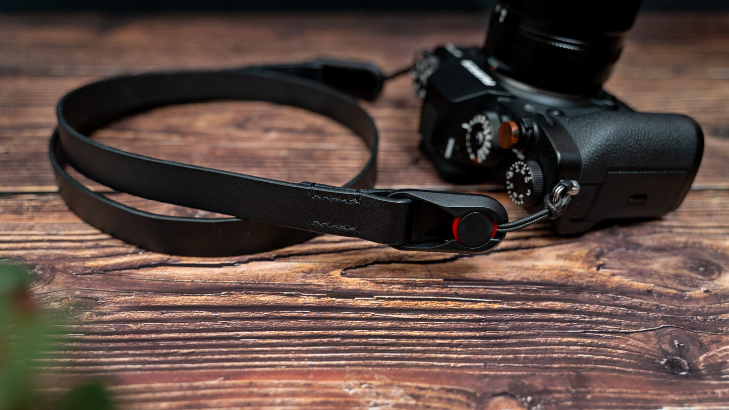 Black Leather Camera Strap made with Peak Design Anchor Links
