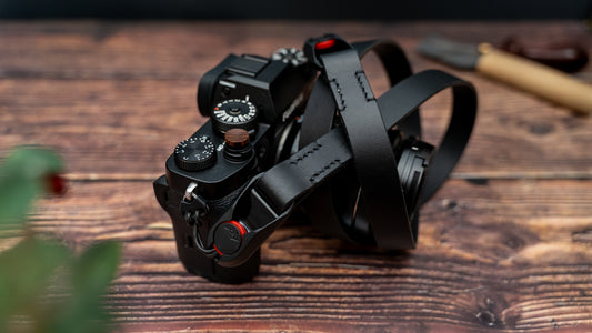 Black Leather Camera Strap made with Peak Design Anchor Links