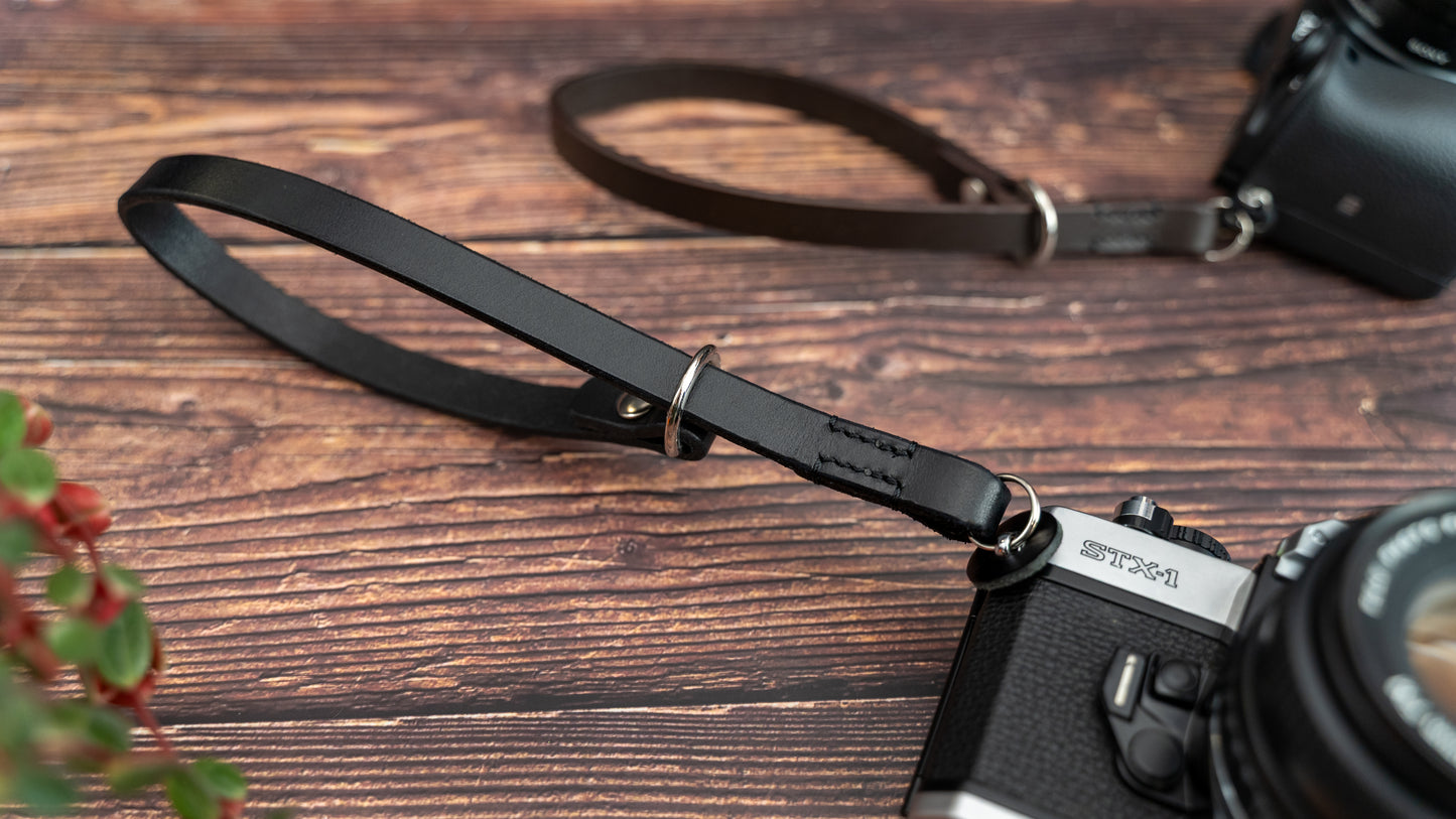 Black Adjustable Slim Leather Camera Wrist Strap