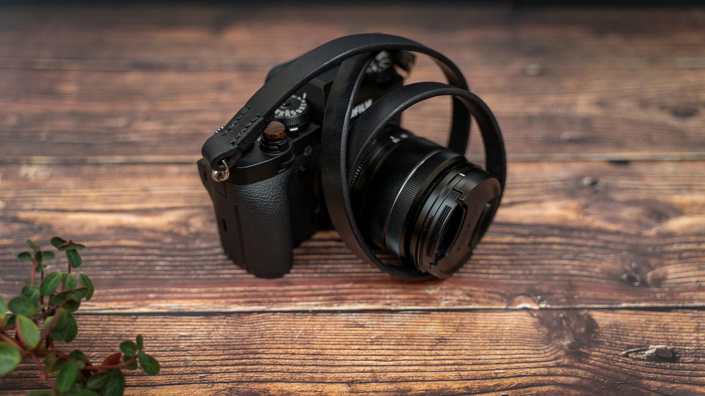 Black Slim Leather Camera Strap - Premium Thick Camera Strap
