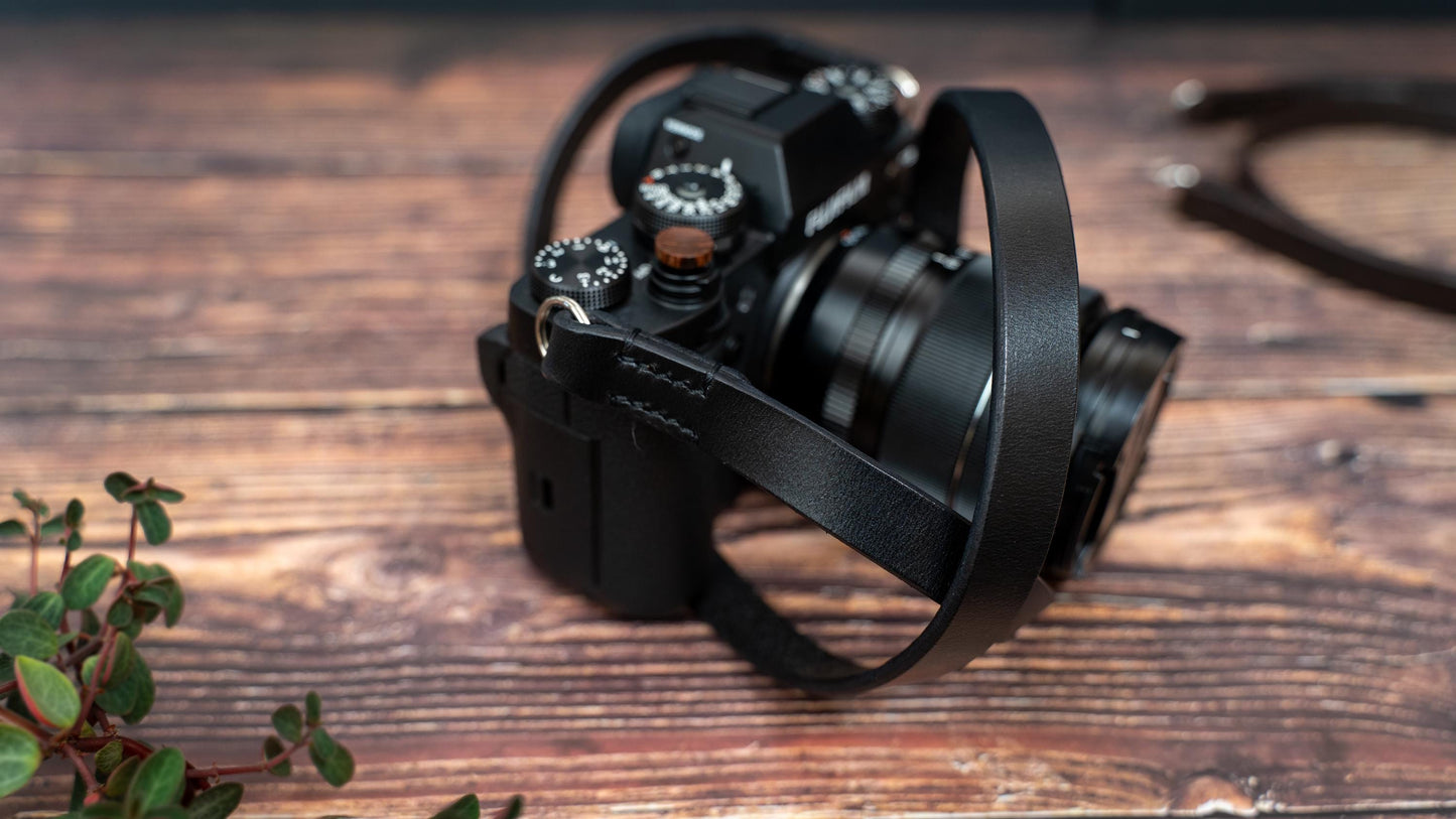 Black Slim Leather Camera Strap - Premium Thick Camera Strap