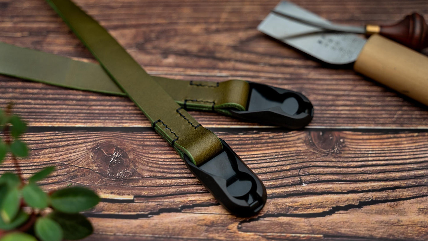 Olive Green Leather Camera Strap made with Peak Design Anchor Links