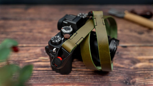 Olive Green Leather Camera Strap made with Peak Design Anchor Links