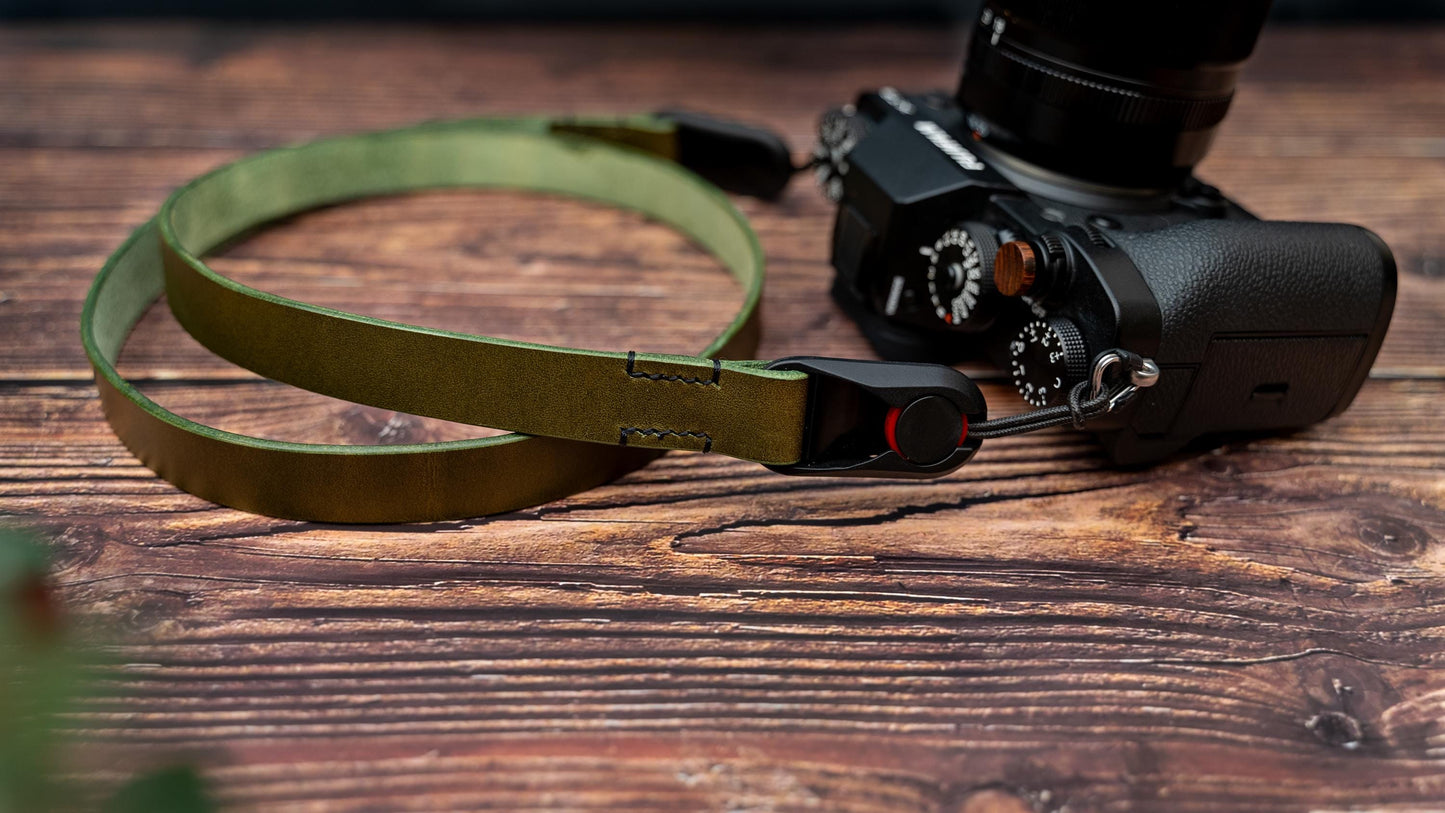 Olive Green Leather Camera Strap made with Peak Design Anchor Links