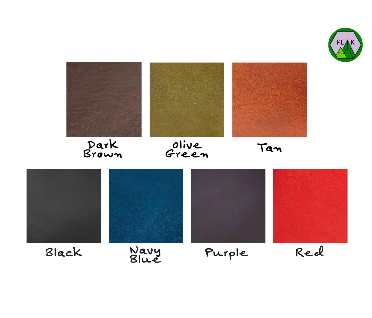Leather colours available include dark brown, olive green, black, tan, red, and navy blue