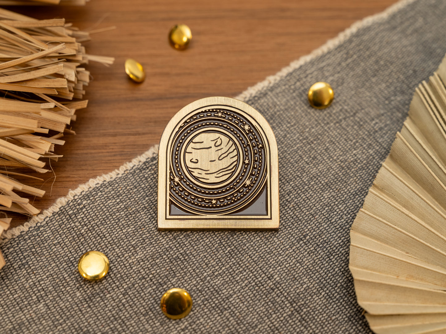 Vintage antique brass metal journal book clips with a planet solar system design