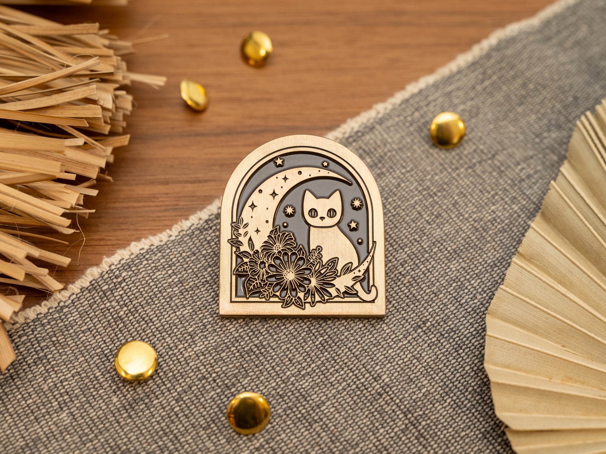 Vintage antique brass metal journal book clips with a cat in flowers next to a moon design