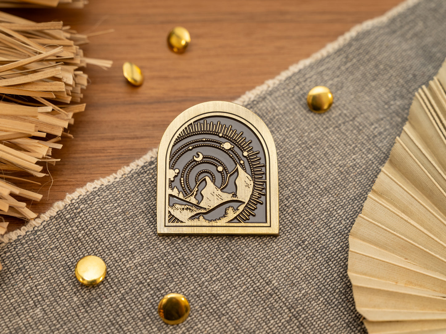 Vintage antique brass metal journal book clips with a mountain with solar system background design