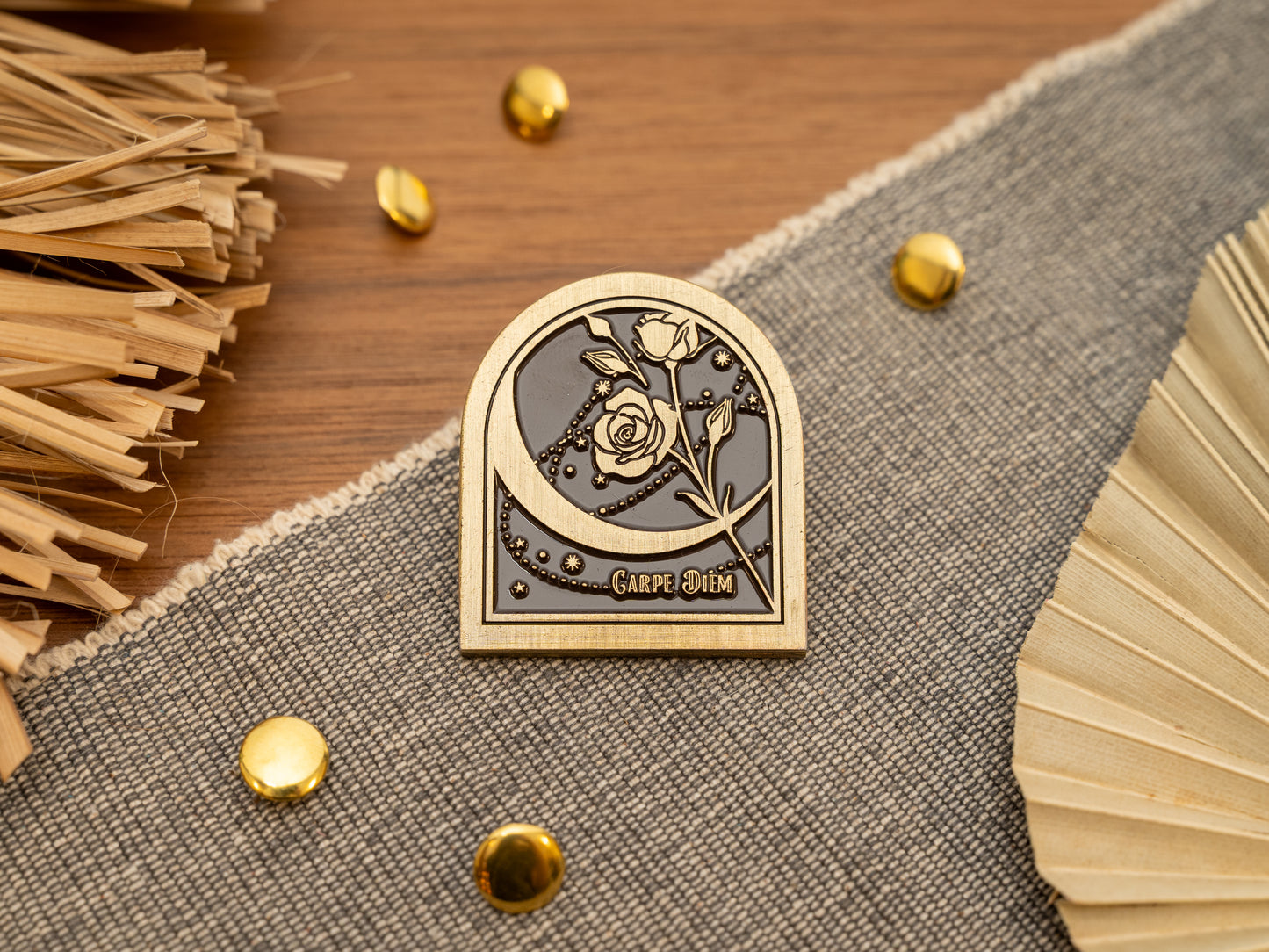 Vintage antique brass metal journal book clips with a rose and moon and "Carpe Diem" phrase in the design