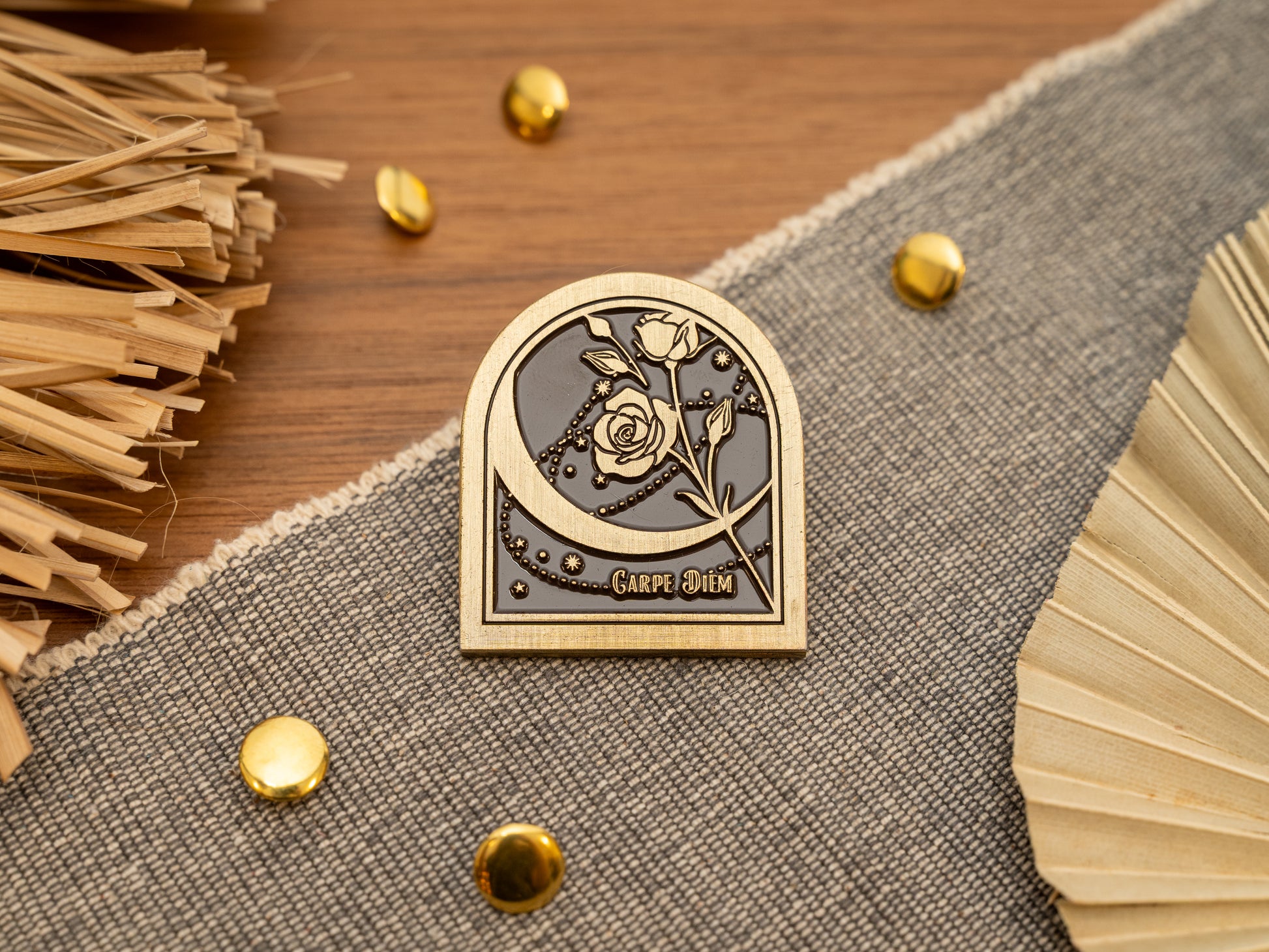 Vintage antique brass metal journal book clips with a rose and moon and "Carpe Diem" phrase in the design