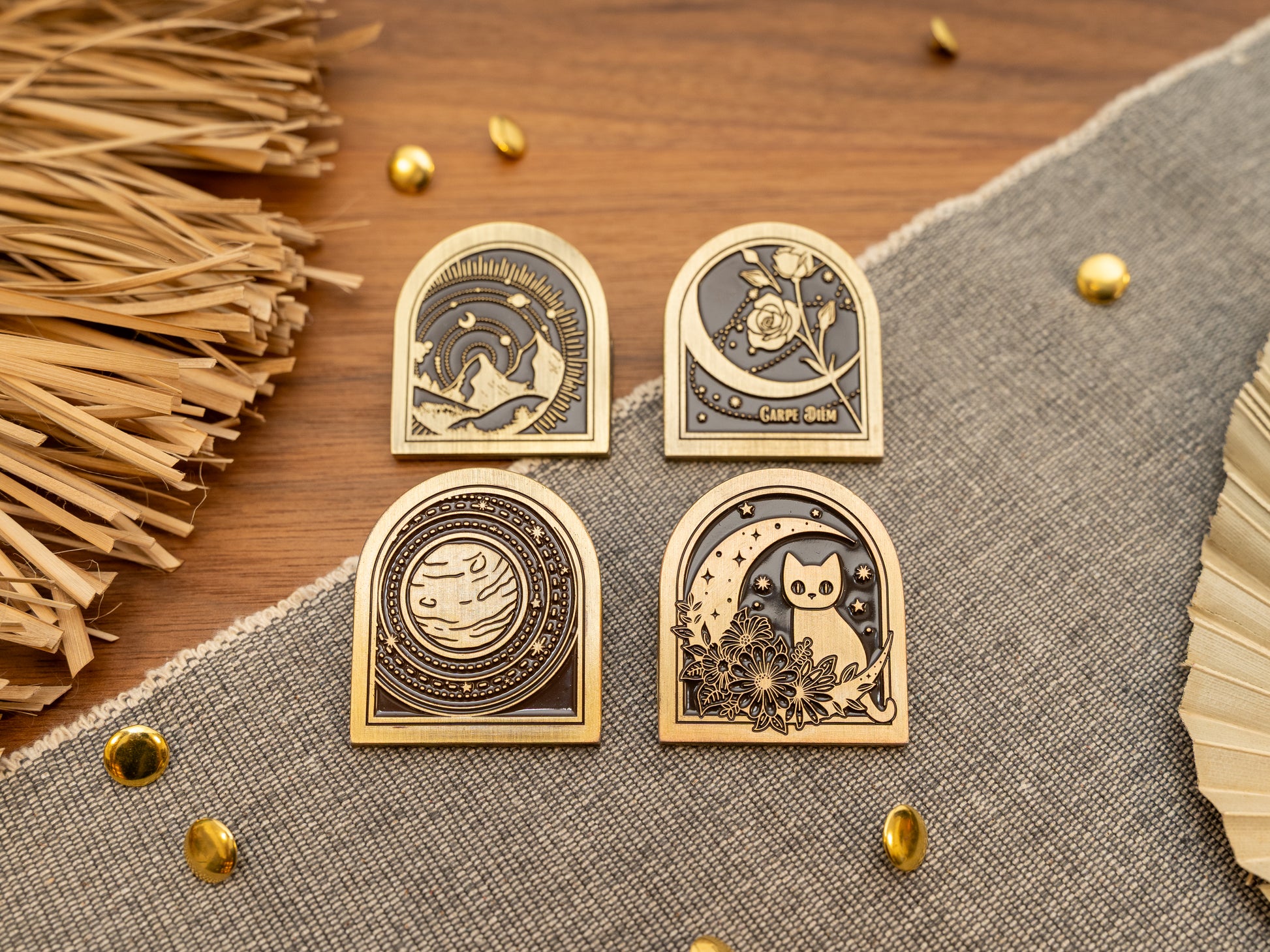 Vintage antique brass metal journal book clips in four designs - cat over a moon, planet solar system, rose, mountains