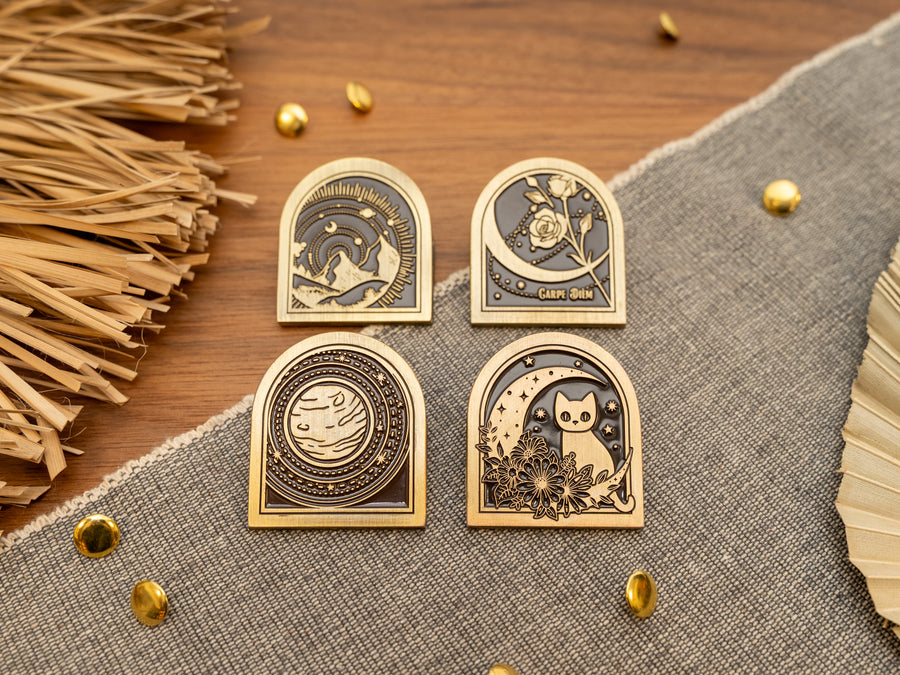 Vintage antique brass metal journal book clips in four designs - cat over a moon, planet solar system, rose, mountains