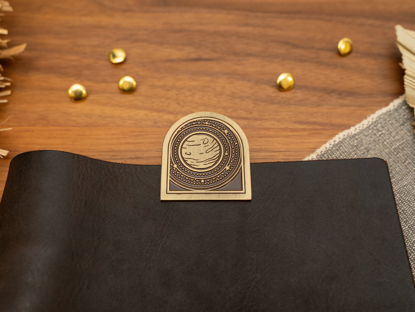 Vintage antique brass metal journal book clips with a planet solar system design