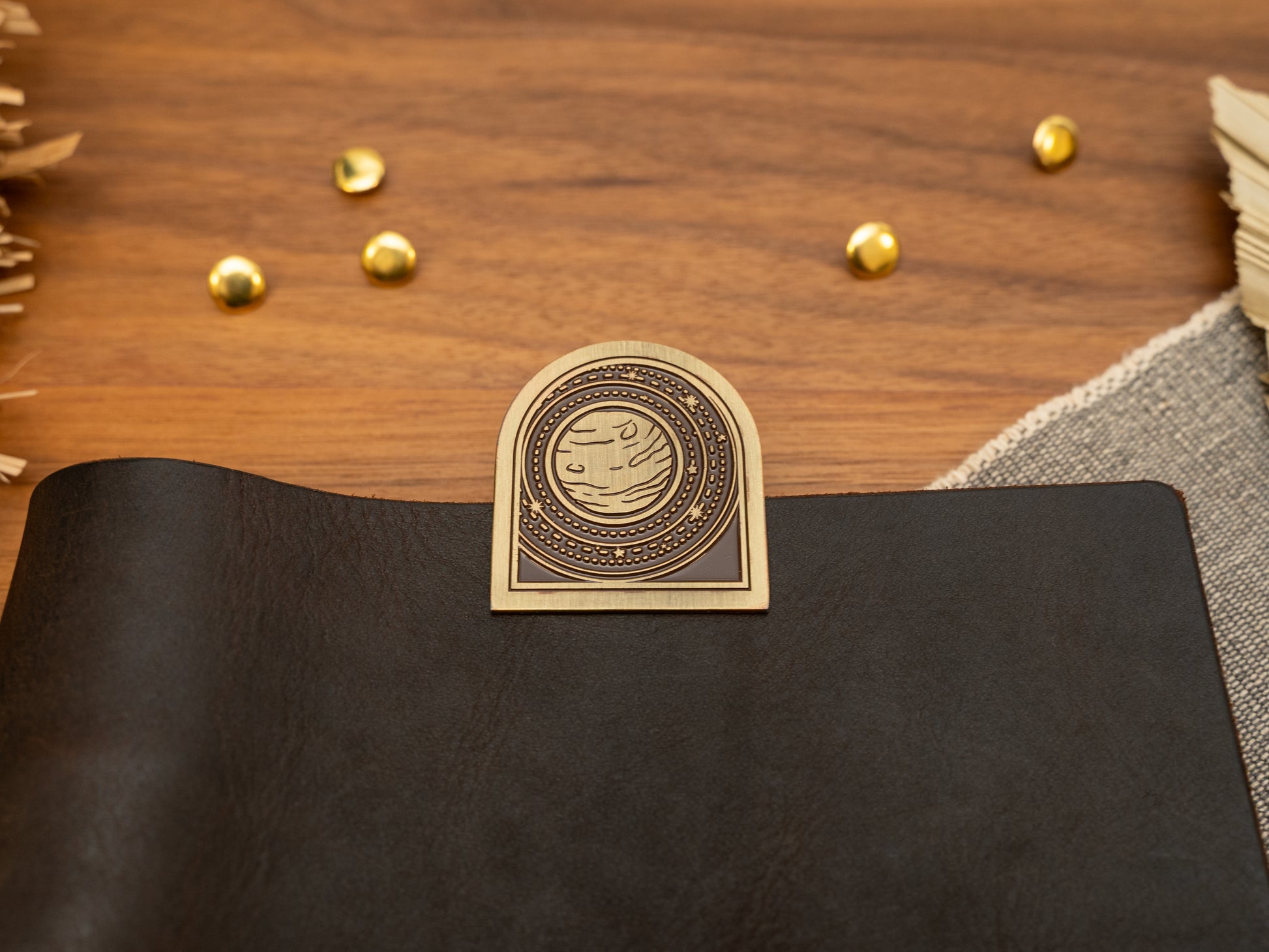 Vintage antique brass metal journal book clips with a planet solar system design