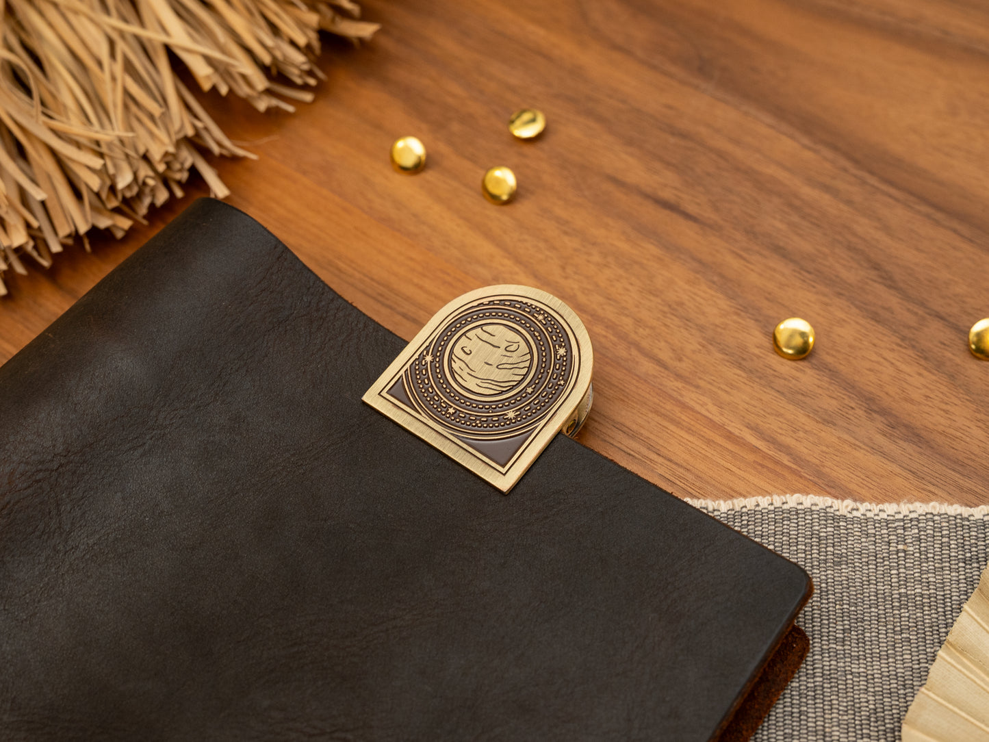Vintage antique brass metal journal book clips with a planet solar system design