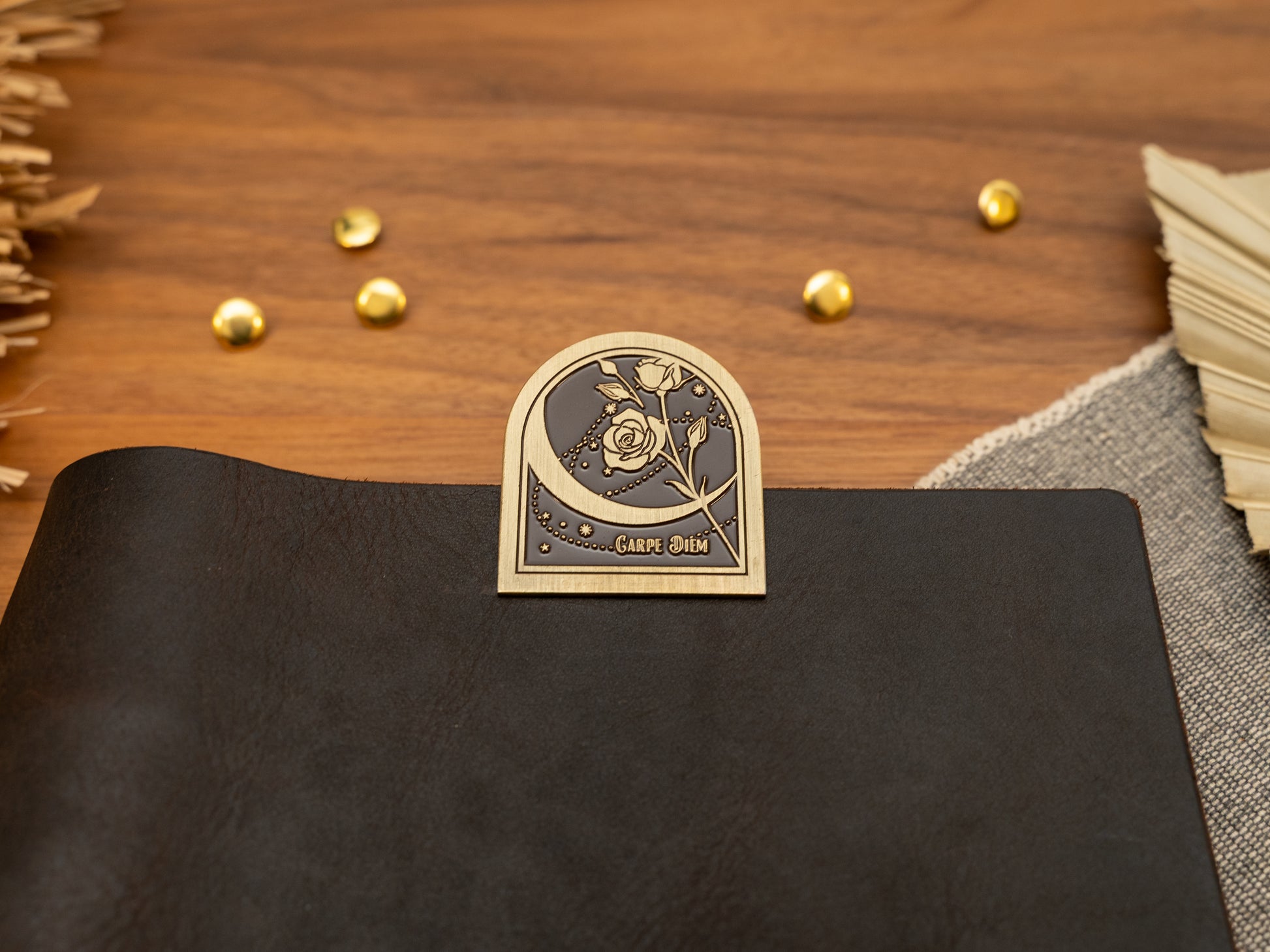Vintage antique brass metal journal book clips with a rose and moon and "Carpe Diem" phrase in the design