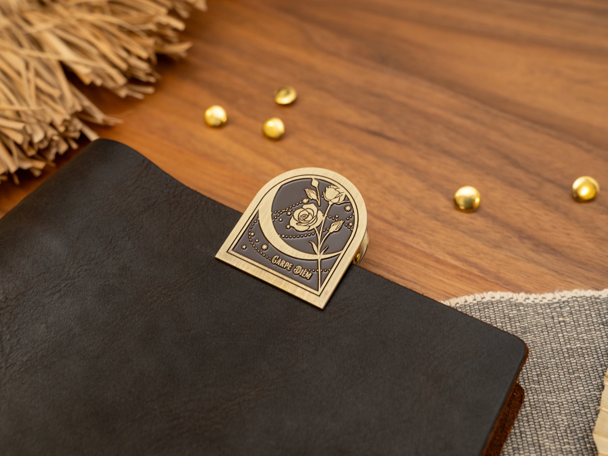 Vintage antique brass metal journal book clips with a rose and moon and "Carpe Diem" phrase in the design