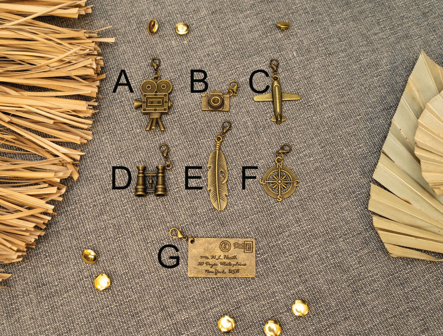 7 antique bass metal charms . The charms include A = film camera, B = camera, C = small airplane, D = binoculars, E = feather, F = compass, and G = envelope