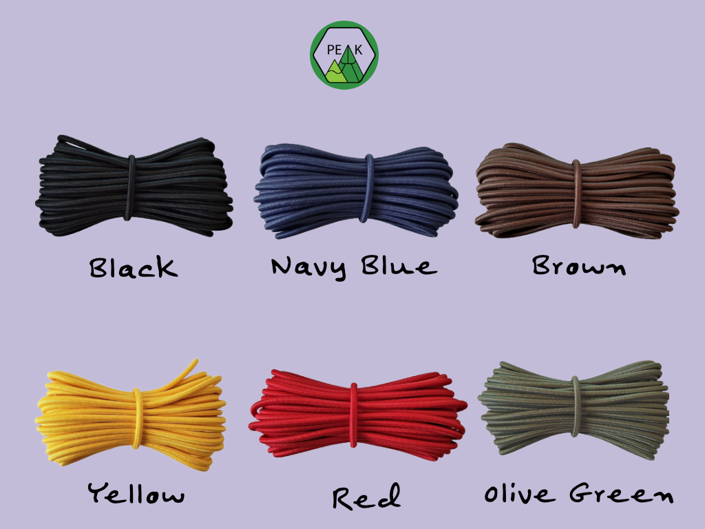 Six elastic cord colour options arranged in two rows on a light lavender background, each shown as a small coiled bundle with handwritten colour labels underneath: Black, Navy Blue, Brown, Yellow, Red, and Olive Green. A circular green and black logo reading PEAK appears at the top center.