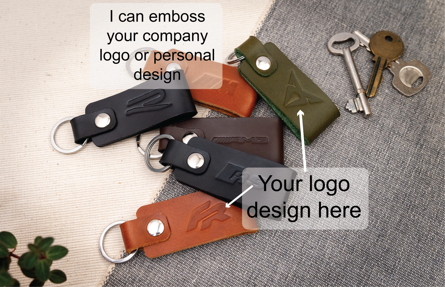 Mixture of blank keyrings in black, tan, olive green, purple, red, navy blue and dark brown. Can be stamped with custom logos such as car logos, company logos. Available in several colours with stainless steel or brass hardware.