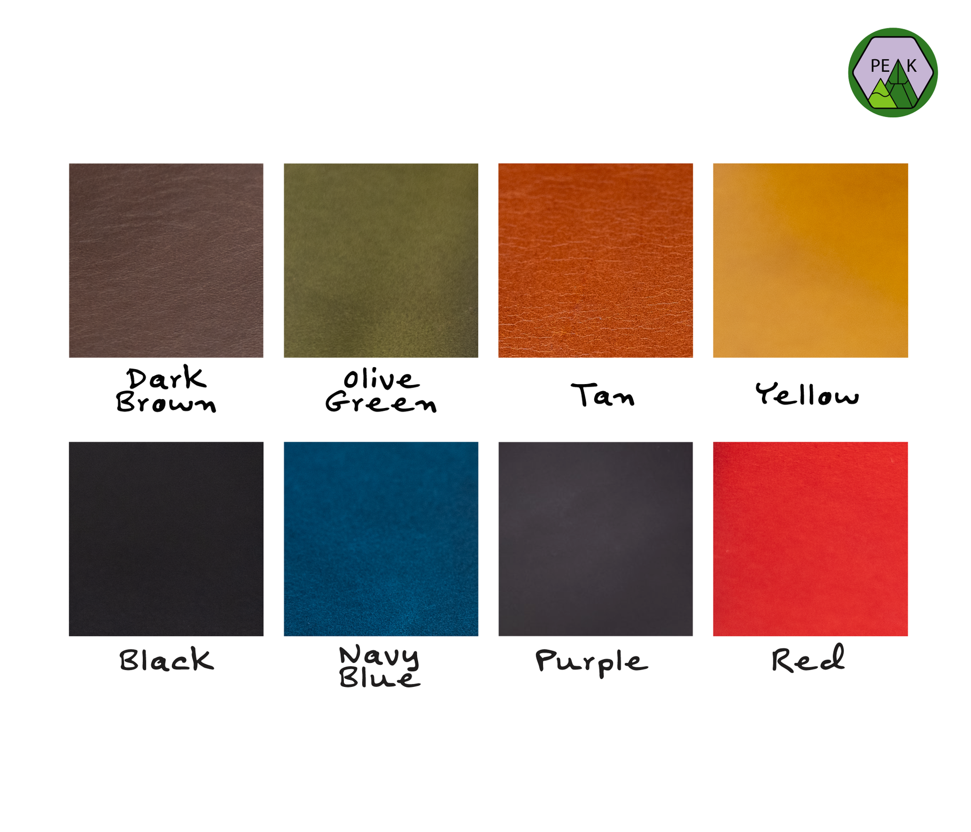 Leather colours available include dark brown, olive green, tan, yellow, black, navy blue, purple and red.